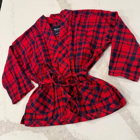 Madewell 1937 Buffalo Plaid Kimono Style Tie Wrap Sweater Womens Small Red/Black - Picture 2 of 6